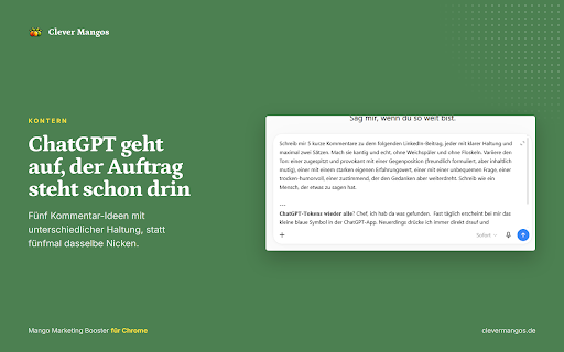 Mango Marketing Booster :: LinkedIn-Text fett machen, markierten Text/die Seite an ChatGPT geben und die ganze Seite als Screenshot speichern.