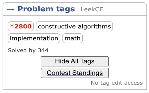 LeekCF Rating :: Get rating for Codeforces problems even with problem tags off.