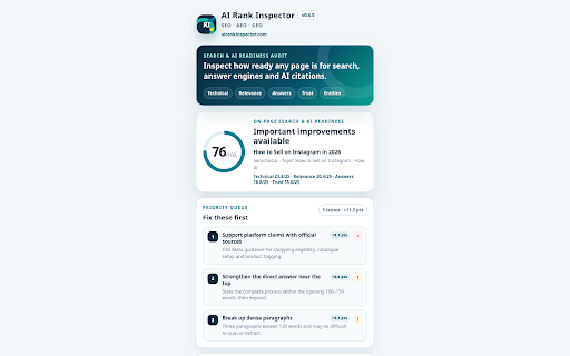 AI Rank Inspector – SEO, AEO & GEO Audit :: Audit webpages for SEO, AEO and GEO signals, including content readiness, metadata, schema, entities, robots.txt and llms.txt.