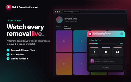 TikTok Favourites Remover — Clear All Favorites :: Clear all your TikTok favorites in one click. Bulk unfavorite videos with keyword filter, live progress and export. No login needed.