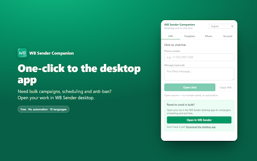 WB Sender – WhatsApp Link & Message Tools :: Free WhatsApp click-to-chat link generator, message templates & phone number formatter. No automation, numbers stay local.
