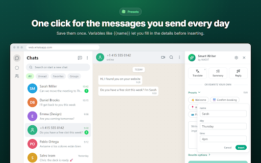 WAEXT: Superpowers for WhatsApp Web :: Smart replies, chat summaries and better writing with AI in WhatsApp Web. Plus saved messages and auto-translate.