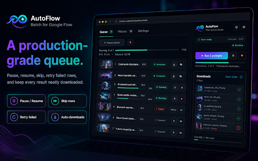 AutoFlow — Batch for Google Flow :: Queue Google Flow prompts, build private storyboards, and monitor generation progress inside a focused side panel.