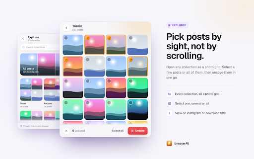Unsave All — Bulk Remove Instagram Saved Posts :: Bulk unsave all your Instagram saved posts, reels & collections in one click. Fast, safe & automatic.