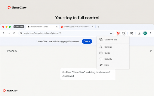 StoreClaw :: Connects StoreClaw AI to your browser and performs browser actions only after you grant authorization.