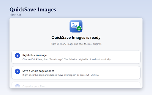 QuickSave Images :: Right-click to save the real full-size image: smart file names, folders per site, WebP conversion, batch saving.