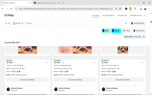 Download Facebook Ad Library data :: Download Meta Ad Library search results as Excel with each ad ids, text, links, media file URLs. Save HD videos with Save video as