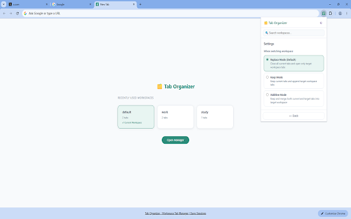 Tab Organizer - Workspace Tab Manager | Save Sessions :: Free tab manager with workspaces. Save & restore sessions, one-click context switch. OneTab alternative — no cloud, no ads.