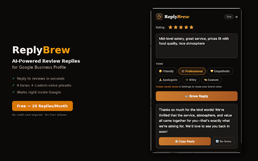 ReplyBrew — AI Review Replies :: Brew perfect review replies in seconds. AI-powered responses that match your business tone, right inside Google Business Profile.