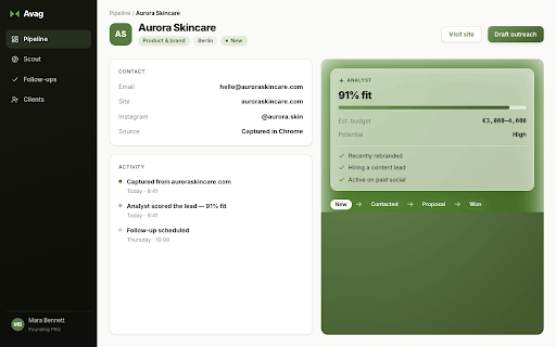 Avag :: Find clients, capture their contact details in one click, and track every lead in your CRM. Built for creators.