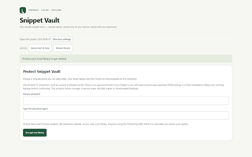 Snippet Vault :: Your private snippet vault — canned replies, stored only on your device, locked with your password.
