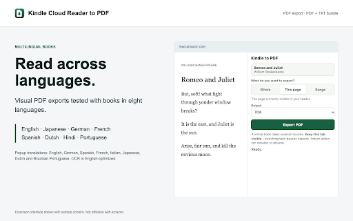 Kindle Cloud Reader to PDF – Export Kindle Books :: Export Kindle Cloud Reader books to searchable PDF or PDF + text. Download a whole book, the current page, or a page range.