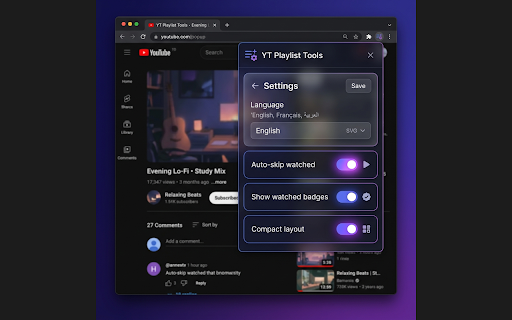 YT Playlist Tools — Reverse, Shuffle & Reorder :: Reverse, shuffle, reorder, save, and export YouTube playlists. Includes watched badges, auto-skip, loop mode and compact UI.