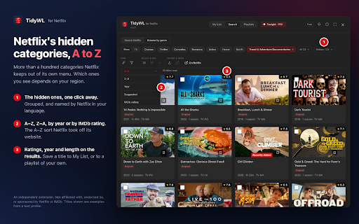 Watch Later Tidy for Netflix: IMDb Ratings & Hidden Categories :: Bring back Netflix's My List page, with IMDb ratings, filters, custom playlists, hidden genres and bulk remove.