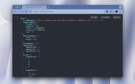 JSONGenie - Beautify, Format & Visualize JSON Instantly :: JSONGenie: View raw JSON in an interactive, collapsible tree with syntax highlighting and raw/parsed toggle for easy navigation.
