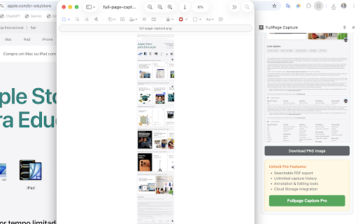 Fullpage Capture :: Capture páginas inteiras em PNG. O Pro adiciona PDF pesquisável, histórico completo, edição e salvamento em uma pasta escolhida.