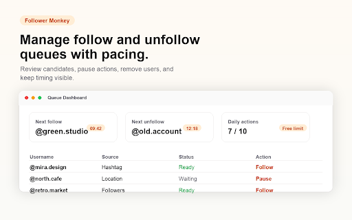Follower Monkey Auto Follow Unfollow Queues for Instagram™ :: Run Instagram™ auto follow and unfollow workflows using local queues, profile filters, timing settings, and account controls.