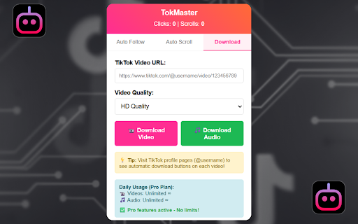 TikTok Auto Follow Scroll, Like, Save – TokMaster :: Automate TikTok with auto-follow scroll , likes, saves, and download videos & audio without watermarks.