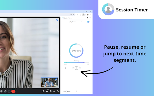 Session Timer :: Sidebar timer for meetings - always visible, only to you. Key features: time segments, notes, agenda. End on time, every time!