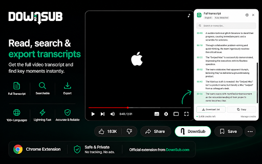DownSub - Subtitle & Transcript Downloader: YouTube, Netflix, Viki :: Subtitles for YouTube, Viki, iQIYI, Netflix & WeTV: download SRT/VTT/TXT, translate & show on the video. Pro: AI summary.