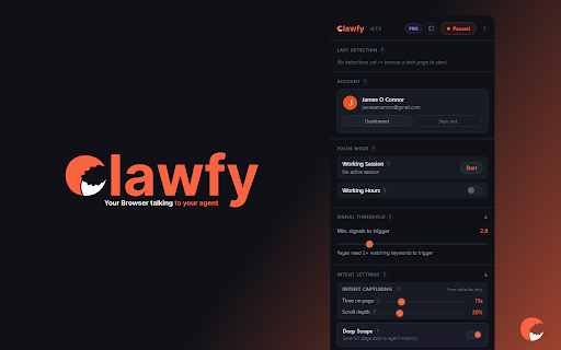 Clawfy :: Your browsing talking to your OpenClaw agent. It sees what you're working on, suggests tools, and saves pages to agent memory.