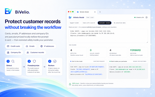 BiVelio Shield — private prompts for ChatGPT & Claude :: Use ChatGPT & Claude privately. Redacts your data locally before it leaves your browser, then restores it in the reply. Free.