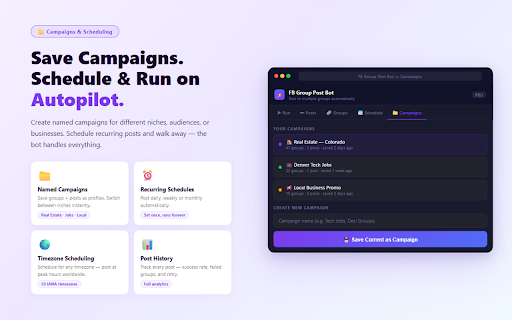 Facebook Groups Post Bot :: Automatically post to multiple Facebook groups. Schedule posts, manage campaigns, track history, and grow your reach with one click.