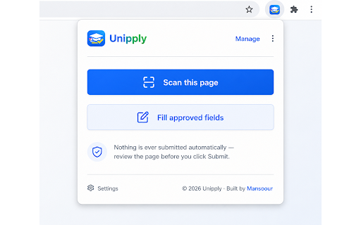 Unipply: Private AI Autofill for University Applications :: AI-powered university application assistant — save your profile once and autofill admission forms with Gemini, right in Chrome.