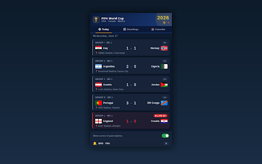 FIFA World Cup 2026 :: Live scores, schedule, standings & reminders for FIFA World Cup 2026 (USA, Canada, Mexico).
