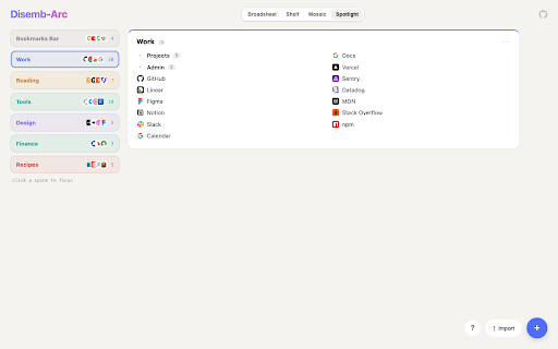 Disemb-Arc :: Turn your Chrome bookmarks bar into a drag-and-drop new tab page, in four switchable layouts