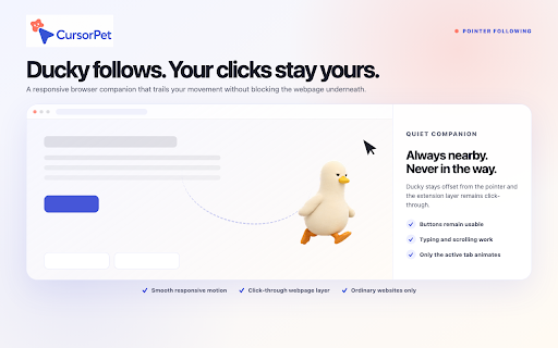 CursorPet — Ducky Cursor Pet :: A playful Chrome cursor pet: Ducky follows, rests, reacts to Magic Circles, and walks along YouTube progress bars.