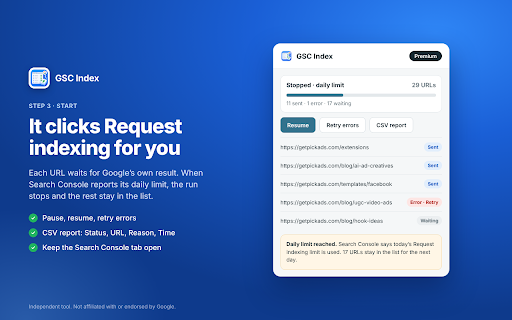 Bulk URL Indexing for Google Search Console :: Bulk URL indexing in Google Search Console. Scan pages and sitemaps, check indexing status, and manage requests in one queue.