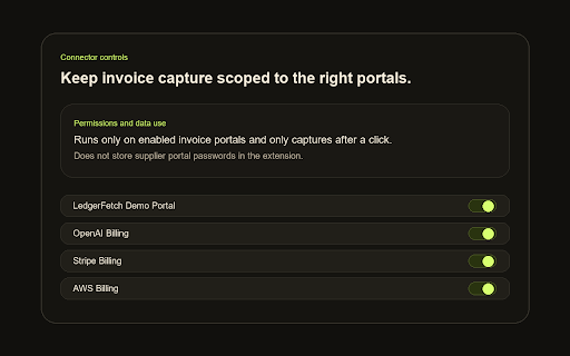 LedgerFetch :: Capture invoices from supported portals, review metadata, and move clean records into accounting workflows.