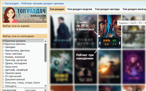 Kinozal | Кинозал — Фильтр новых раздач :: Фильтрует раздачи на Kinozal.tv, выводит трейлеры. Рейтинги IMDb и Кинопоиск. Тулбокс быстрых действий. Рейтинги для Rutor.