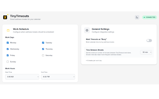 TinyTimeouts :: Intelligently schedules short wellness breaks in your Google or Outlook calendar to help you move and recharge.