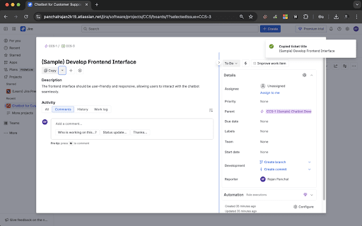 Jira Copy Helper :: A convenient Copy button to Jira issue pages with dropdown options for copying ticket ID, title, URL, or formatted links.