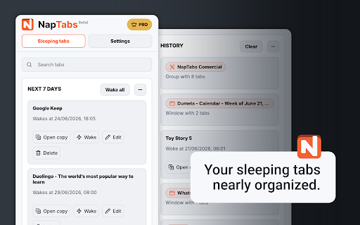 NapTabs – Snooze Tabs & Reopen Later :: Snooze tabs, groups, or windows and bring them back when needed. Local-first, with no account required.