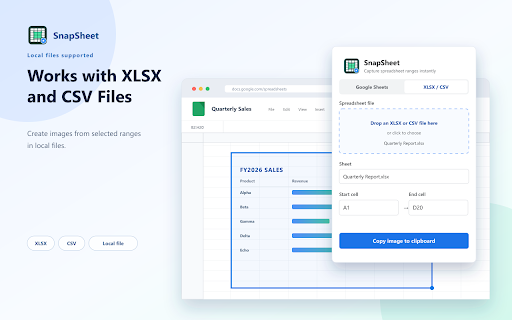 SnapSheet - Spreadsheet Screenshot Tool :: Copy ranges as images from Google Sheets (Sheets site only), XLSX, or CSV.