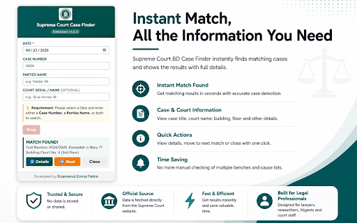 Supreme Court Case Finder :: Quickly search Bangladesh Supreme Court cause lists by case number or parties name and copy matching results.
