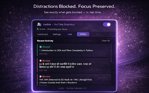 LockIn – Study-Only YouTube Extension :: Blocks distracting YouTube content and allows only study-related videos to help you stay focused.