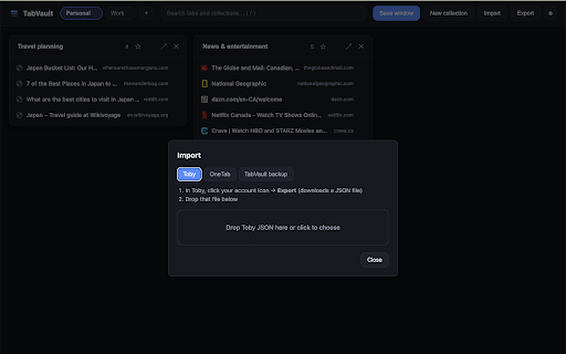 TabVault: Tab Manager & Session Saver :: Unlimited tab collections, local-first and private. One-click import from Toby & OneTab. No account, no subscription. Pay once.