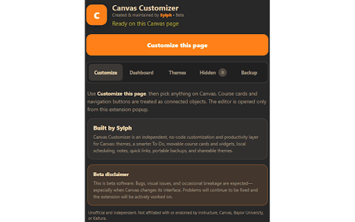 Canvas Customizer :: Customize Canvas with themes, movable dashboards, smarter To-Do, widgets, backups, and more. Created by Sylph. Beta software.