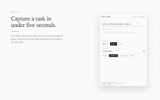 Daybook :: A local-first task list with a morning brief and an end-of-day check. No account, no server, no network.