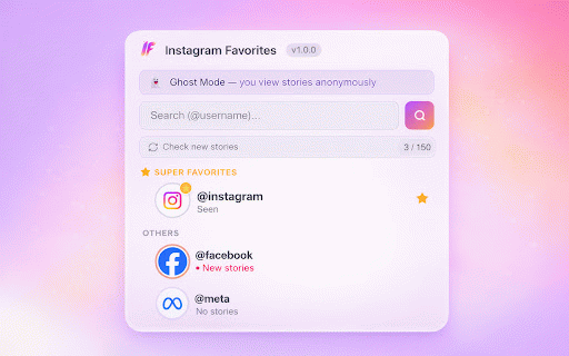 Instagram Favorites – Favorite Accounts & Stories Viewer :: Anonymously watch Instagram stories of your favorites. Ghost mode always active.