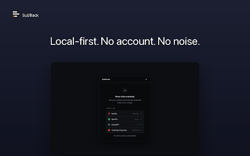 Subscription Tracker & Reminder - SubTrack :: Subscription tracker with renewal reminders. Track recurring payments & monthly spend. 100% local — no account, no bank linking.