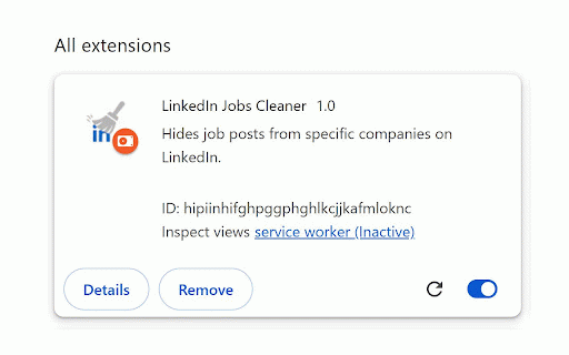 LinkedIn Jobs Cleaner :: Hides job posts from specific companies on LinkedIn.