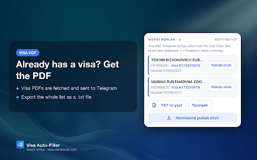 Visa Auto-Filler :: Fills the Saudi eVisa form on visa.visitsaudi.com from passport photos. You log in, solve CAPTCHA and pay yourself.