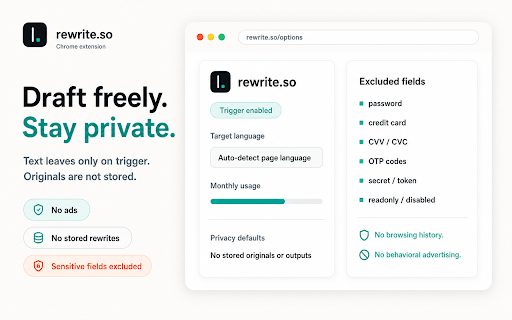 rewrite.so — Write naturally in any language :: Three native-sounding rewrites of any text input — faithful, casual, formal. Write naturally in any language; double-tap Shift.