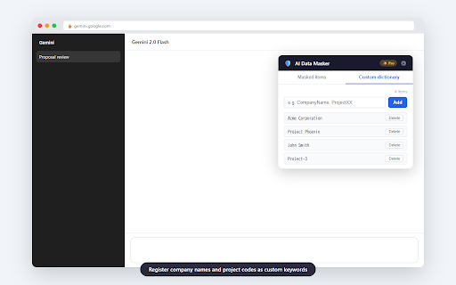 AI Data Masker :: Mask personal data before sending to AI services. Protect emails, phone numbers, URLs, and custom keywords.