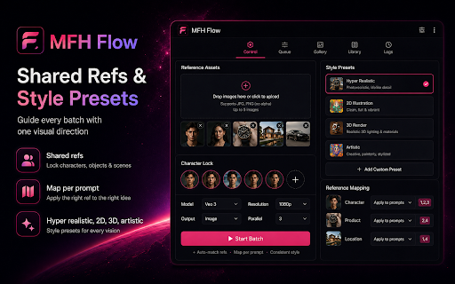 MFH Flow :: Batch automate Google Flow prompts with refs, character tags, queues, and one-click downloads.